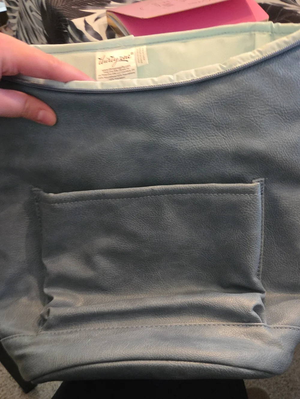 thirty-one blue faux leather tote organizer with exterior pocket